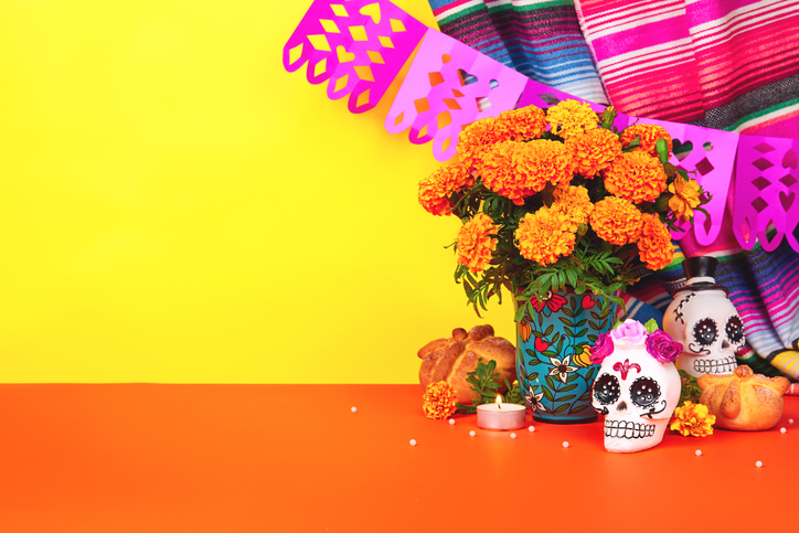 image of day of the dead skulls and marigolds