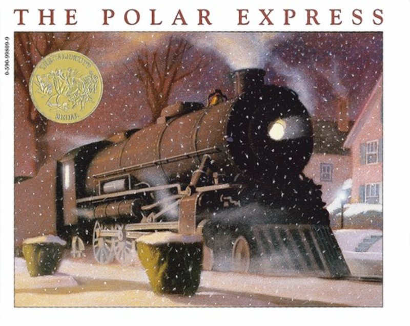 Book cover of The Polar Express by Chris Van Allsburg showing a train in the snow in a neighborhood.