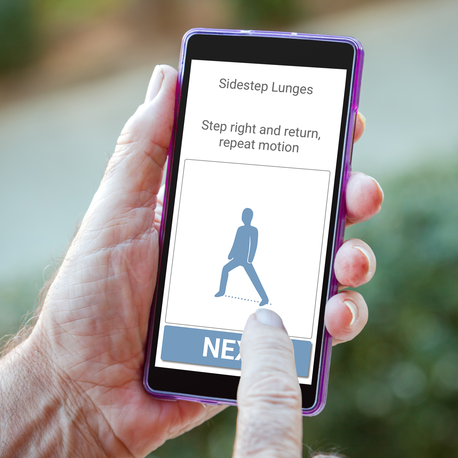 older adult looking at smartphone screen with Nymbl app activity demonstrating a lunge fall prevention activity