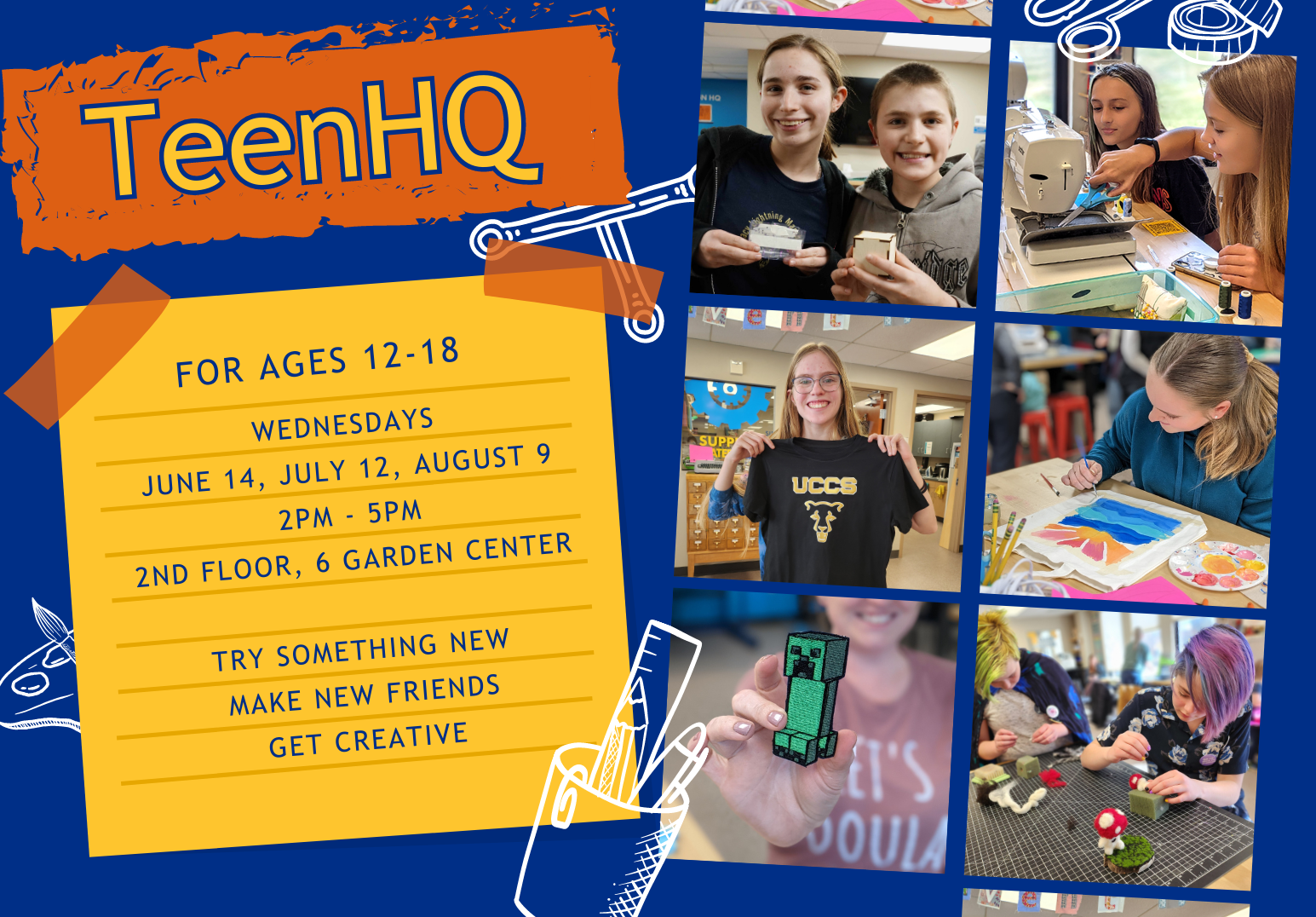 TeenHQ flyer with photos of teens creating projects with friends