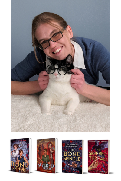 picture of leslie vedder with her cat, book covers beneath her