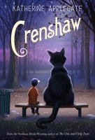 Book cover of Crenshaw by Katherine Applegate. A small boy in an orange shirt sits on a bench next to a giant cat.