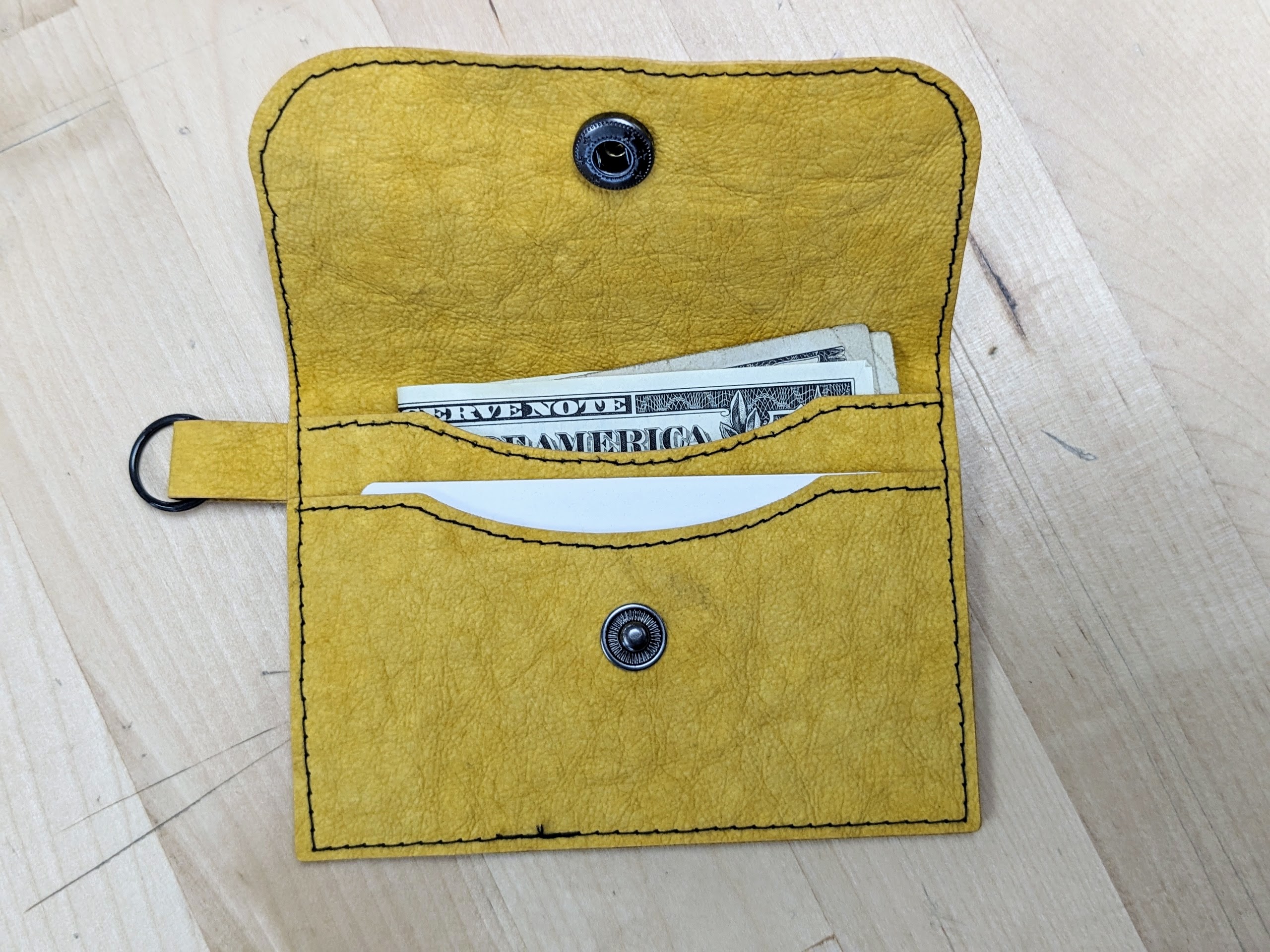 Yellow fold over wallet with two pockets, snap and tab closure