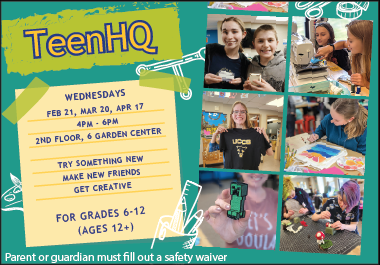 Poster with teens making projects and dates for the Spring 2024 TeenHQ program