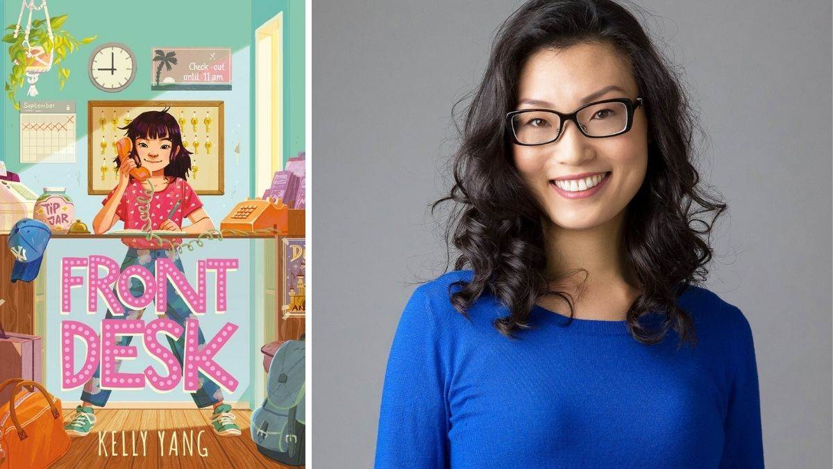 Book cover of young girl behind motel desk and photograph of author Kelly Yang