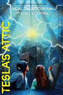 Cover of book Tesla's attic, with two people looking at a central point of light with lightning bolts spreading out in all directions.