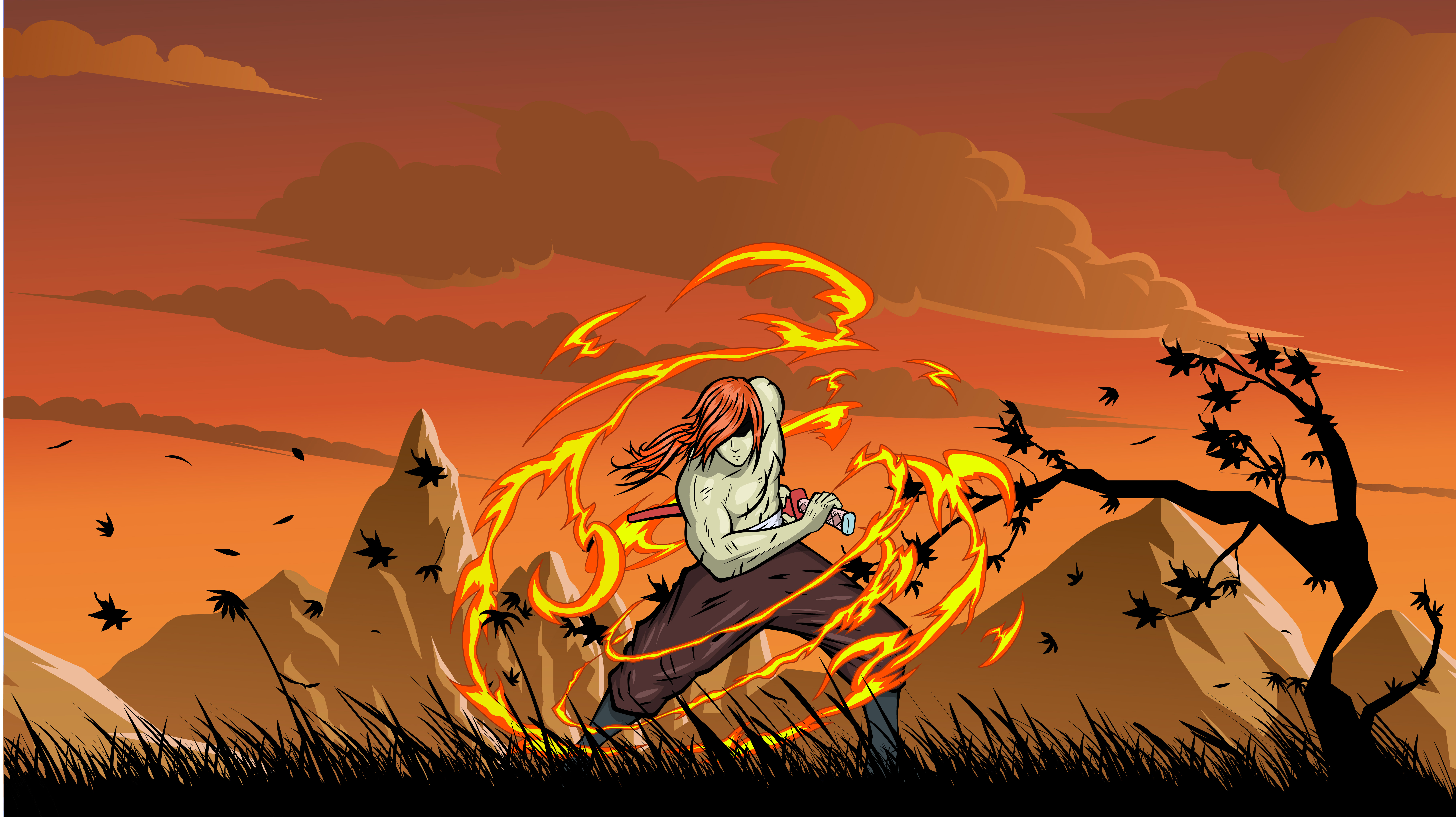 Anime Samurai Holding a Sword with Flame Effect in a Valley of Tall Grass