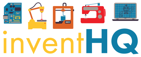 inventHQ logo with icons of makerspace machinery