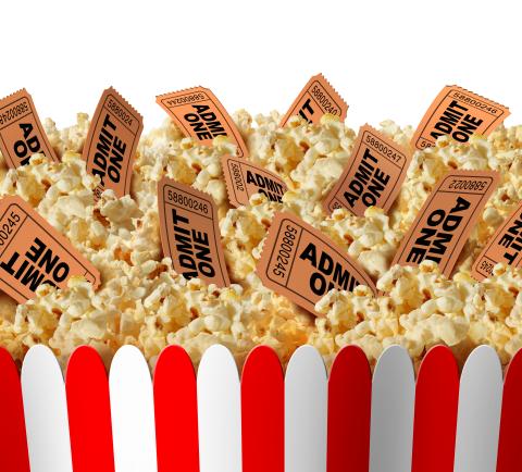 Popcorn and Movie Tickets in Red and White Box