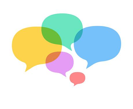 Image depicts speech bubbles in various colors, some overlapping