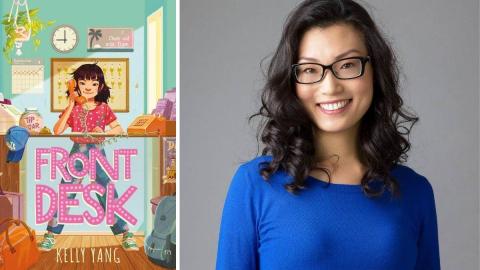 Book cover of young girl behind motel desk and photograph of author Kelly Yang