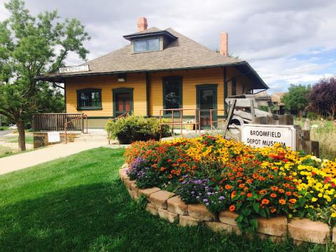 Broomfield Depot Museum entrance with flowers