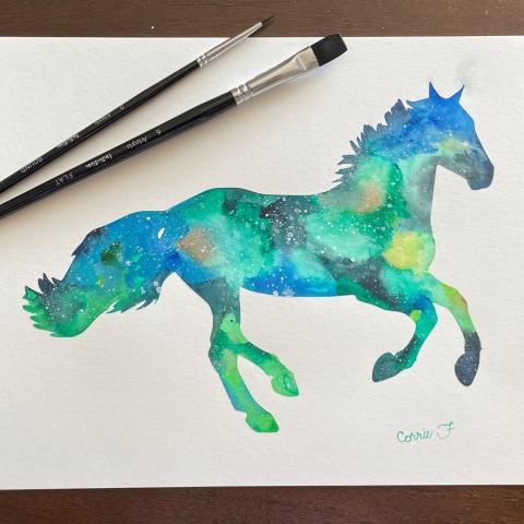 Watercolor Horse Silhouette in Blues and Greens with two paint brushes