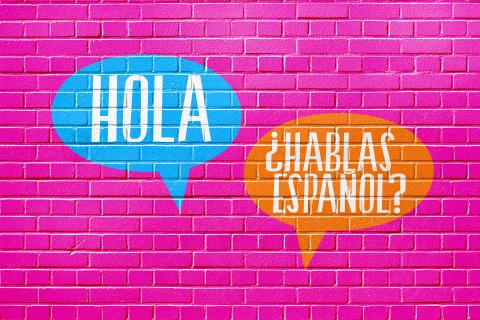 Two speech bubbles spraypainted onto a hot pink wall read "HOLA" and "¿HABLAS ESPAÑOL?"