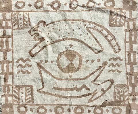 Senufo-Inspired mud painting on cloth of 2 animals and geometric designs.