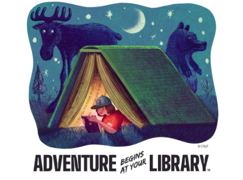 summer library adventures logo, text reads adventure begins at your library