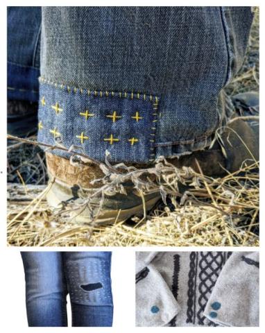 Visible yellow stitches holding a patch on the worn heel of jeans; denim patch with small sashiko stitches; needle felted patch dots on sweater holes.