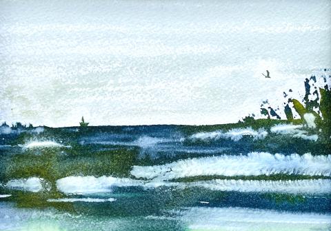 Ink wash landscape painting of an ocean with tones of blue and green by artist Rebecca Lefebvre