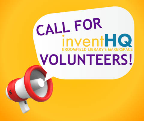 Graphic of megaphone with text 'Call for inventHQ Volunteers'