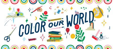 Banner with art materials and "Color Our World" slogan