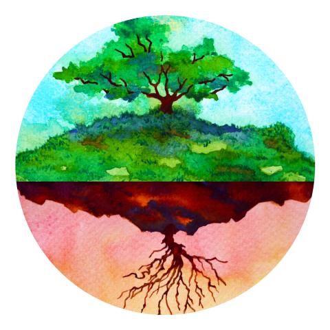 A circular watercolor image depicting a healthy tree in a verdant landscape in the top half and a sickly tree in a dry landscape in the bottom half