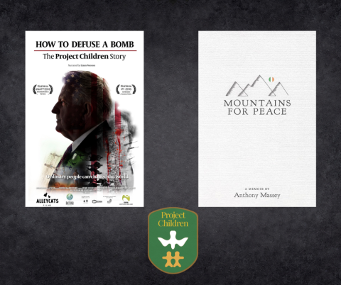 The promotional poster for the documentary How to Defuse a Bomb: The Project Children Story and the cover of the book Mountains for Peace by Anthony Massey.  Beneath both is the logo for the peace organization Project Children depicting a white bird flying over to small figures on a green shield