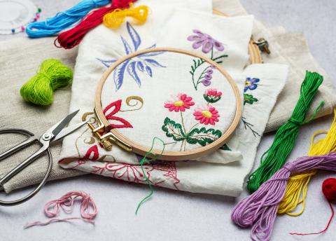 Embroidery hoop on a table with floral designs stitched inside