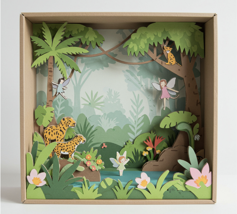 Diorama with a jungle theme made out of paper and cardboard that can be displayed on a bookshelf