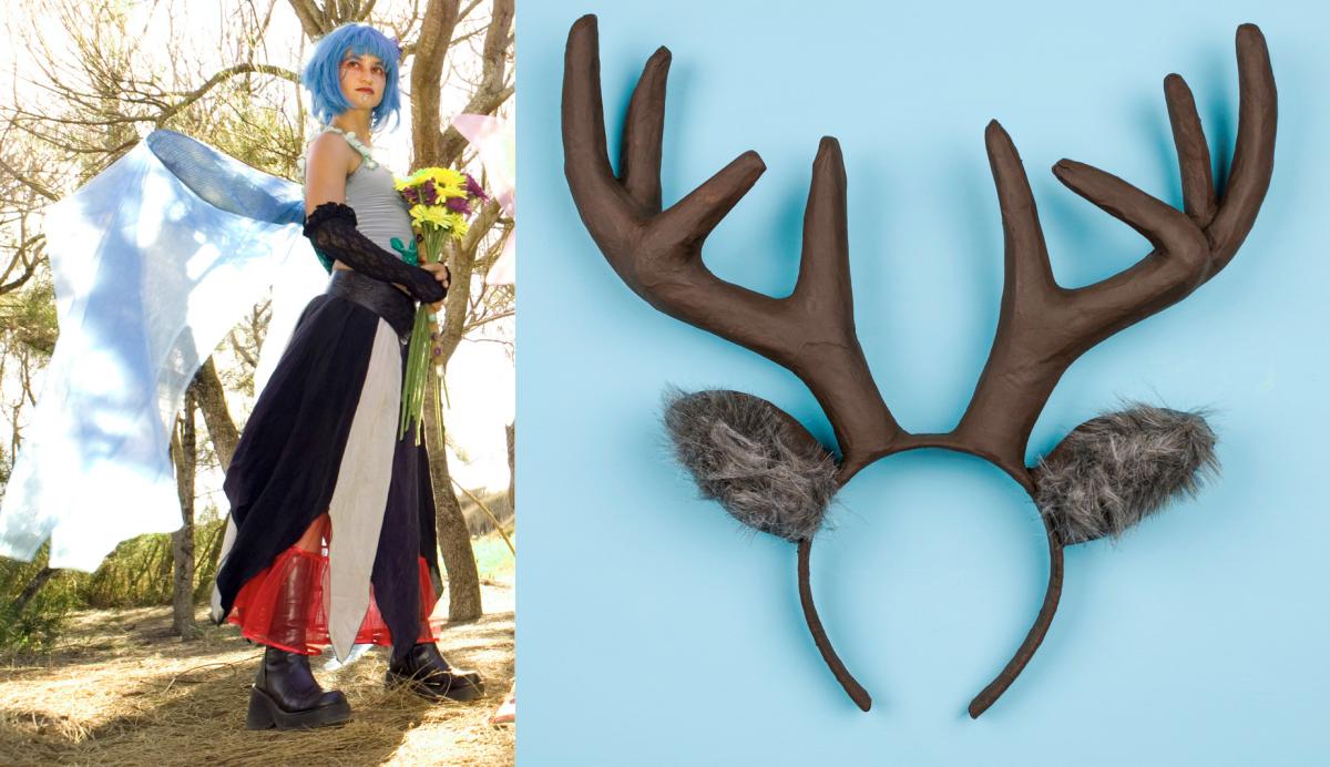 Teen wearing handmade fairy costume next to a detail photo of handmade antler and ear headband