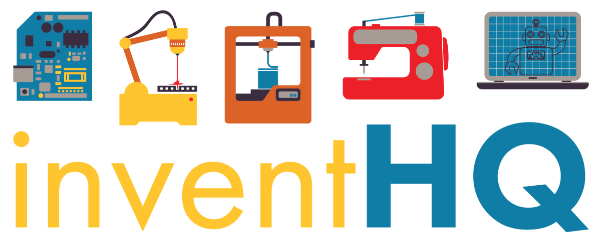inventHQ logo with icons of makerspace machinery