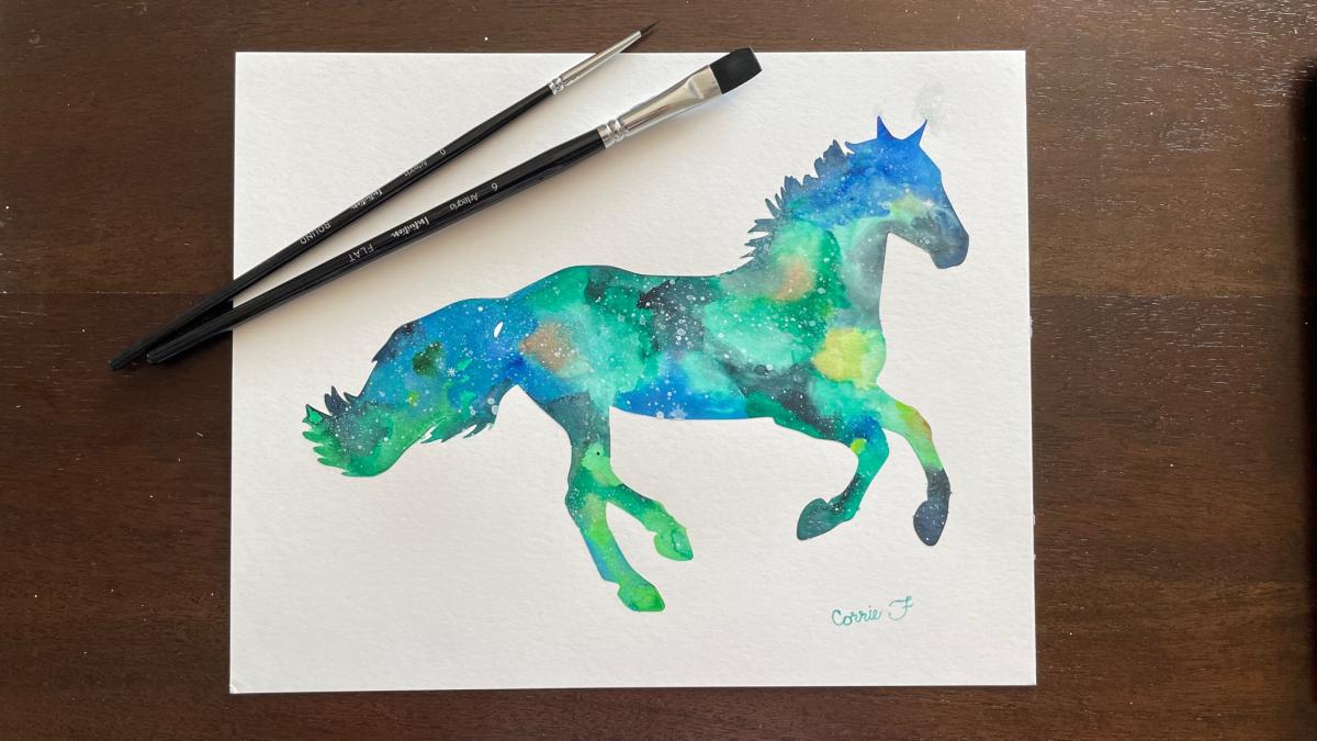 Watercolor painting of horse silhouette