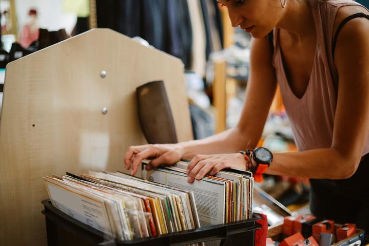 person looking at records