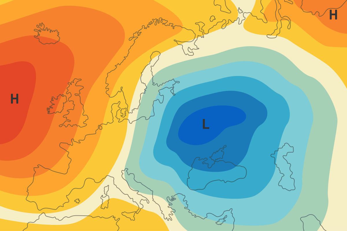 A weather map depicting high and low fronts and temperature variations