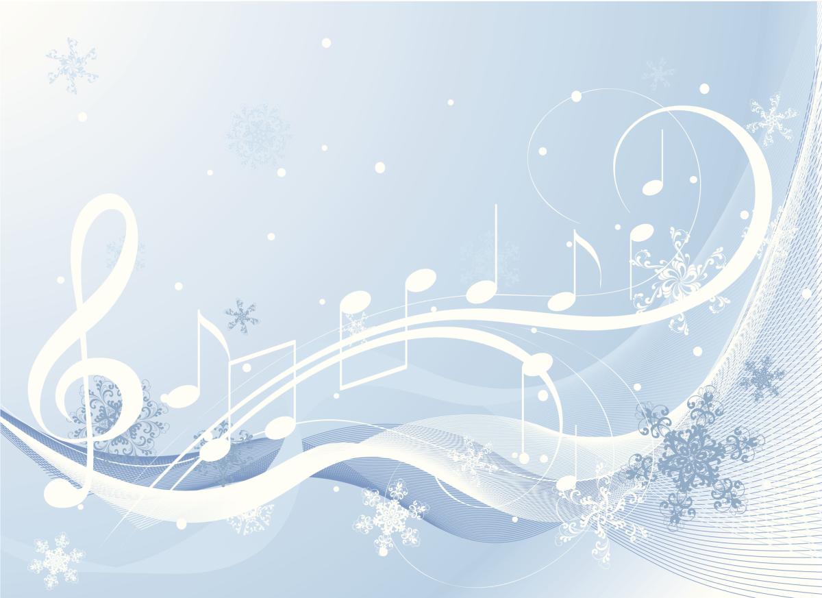 Illustration of musical bars and notes on a light blue and snowy background