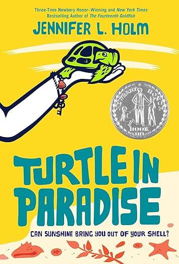 Turtle in Paradise book cover.  arm holding a turtle on a yellow background.