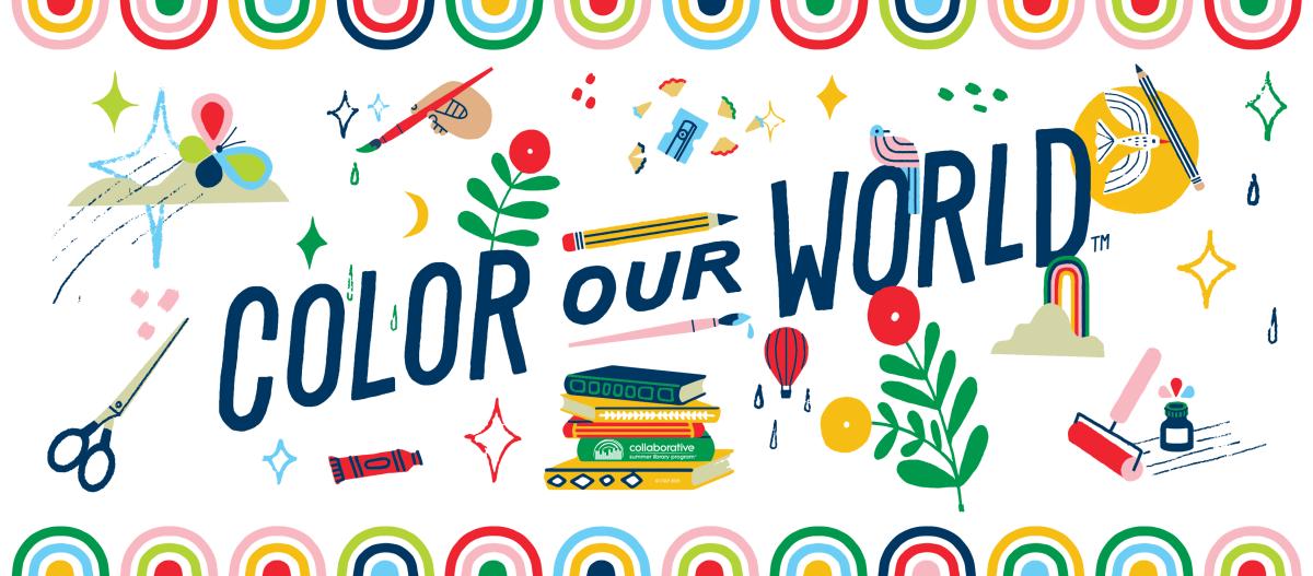 Banner with art materials and "Color Our World" slogan