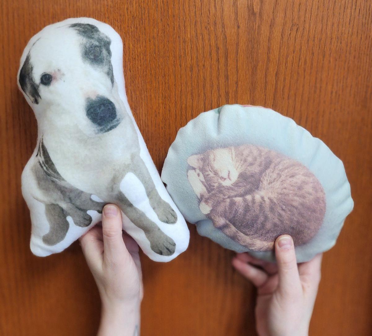Hands holding pillows with a dog printed on a dog-shaped pillow and a cat printed on a round pillow