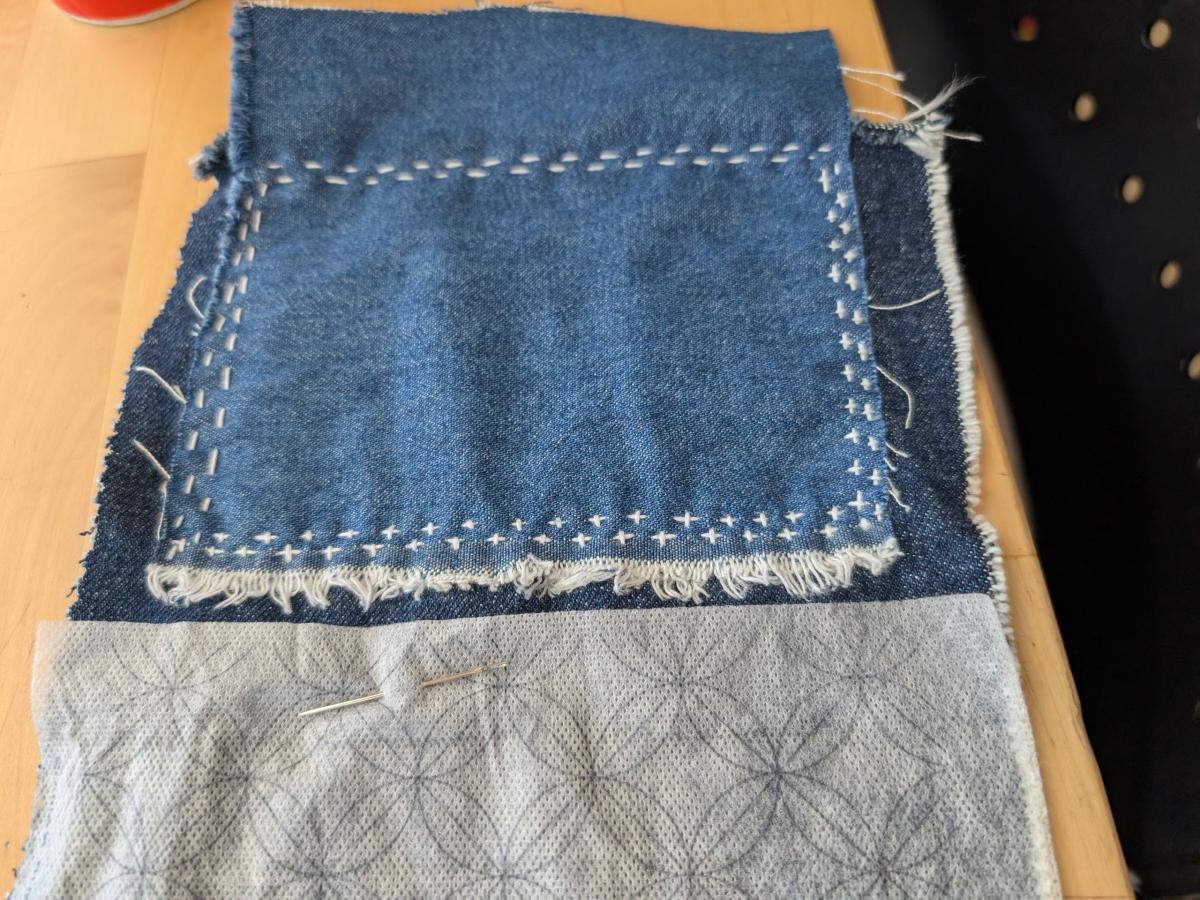 Swatch of denim showing Sashiko mending stitching techniques