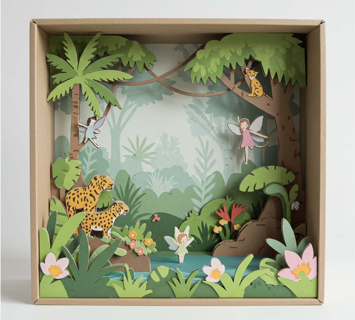 Diorama with a jungle theme made out of paper and cardboard that can be displayed on a bookshelf