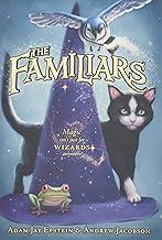 The Familiars book title page.  Wizard had with a black and white cat and a toad. 