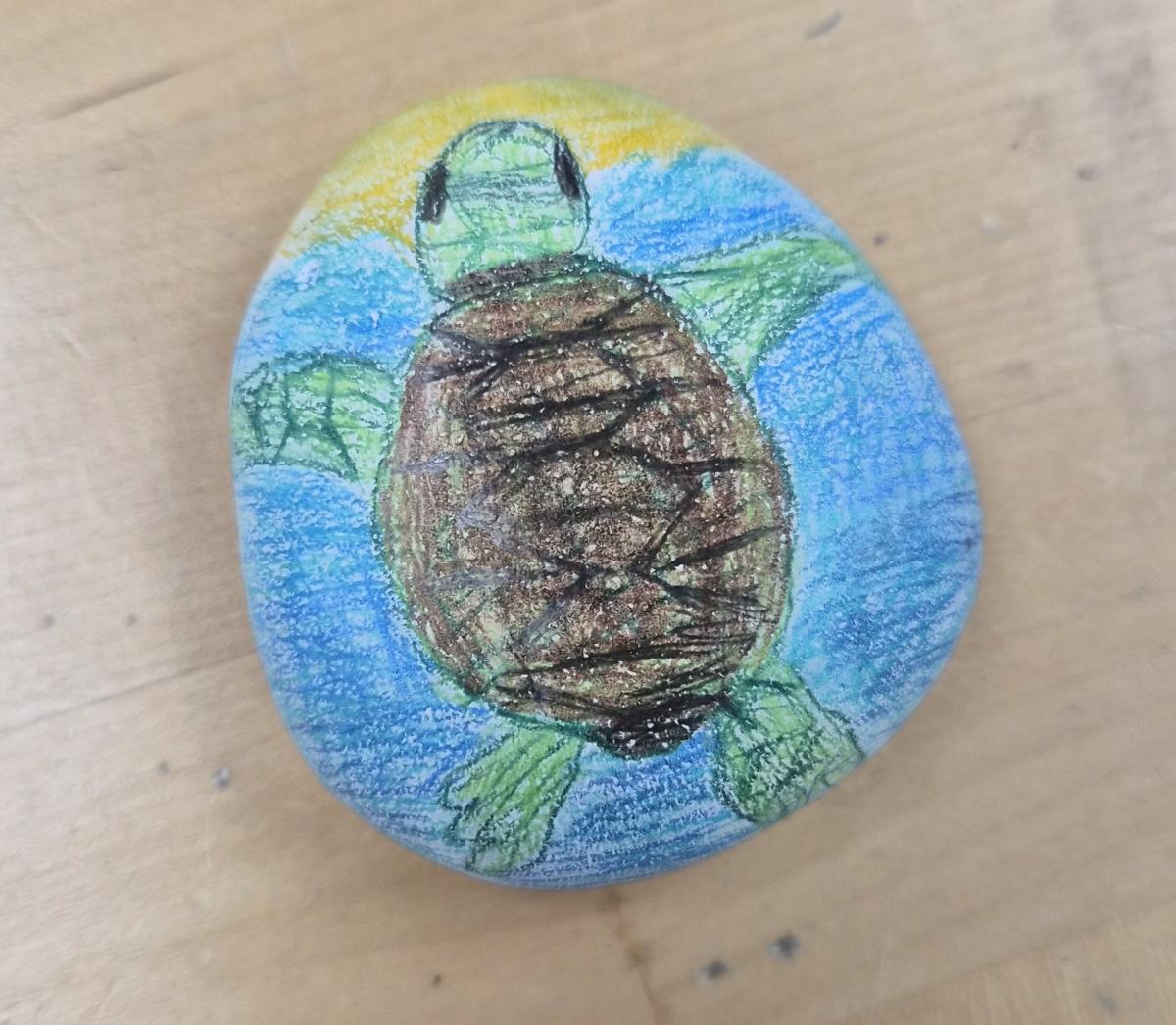 Turtle painted on a rock with a blue background.